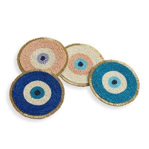 Folkulture Beaded Coasters for Drinks or Coffee Table, 4″ Round Decorative Coasters, Cute Coasters for Table Décor or Gifts, Boho Coaster Set for Cocktail, Beautiful Evil Eye Coaster for Farmhouse