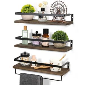Set of 3, Wall Floating Bathroom Shelves with 1 Towel Bar – Wall Mounted Hanging Shelf for Bedroom, Living Room, Kitchen Storage Organizer – Rustic Farmhouse Bathroom Home Decor Clearance – Dark Brown
