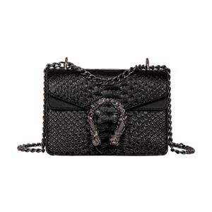 GLOD JORLEE Trendy Chain Crossbody Bags for Women – Luxury Snake-Printed Leather Shoulder Satchel Bag Evening Clutch Purse Handbags (Black, Size:XS)