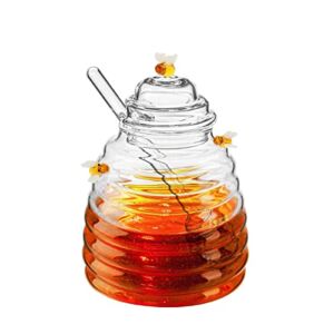 BESTonZON Honey Jar with Dipper and Lid, Honey Bee Pot, Clear Glass Beehive Honey Pot, Honey Pot Container Dispenser for Home Kitchen