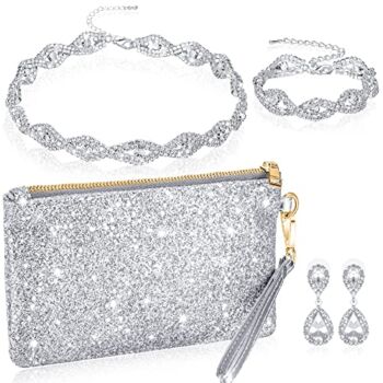 4 Pieces Rhinestone Clutch Purses Jewelry for Women, Sequin Evening Clutch Silver Bride Purse Rhinestone Crystal Bride Statement Necklace Dangle Earrings Bracelet for Wedding Valentine | The Storepaperoomates Retail Market - Fast Affordable Shopping
