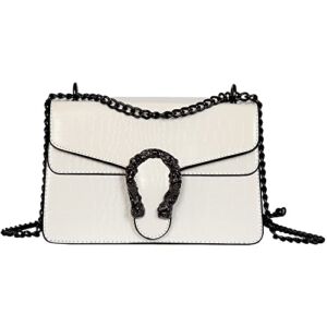 GLOD JORLEE Women’s Stylish Chain Strap Crossbody Shoulder Bags – Classic Stone Crocodile Pattern Leather Square Flap Handbag (White)