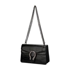 GLOD JORLEE Women’s Fashion Chain Purse Crossbody Shoulder Bags -Classic Stone Crocodile Pattern Leather Square Flap Handbag (Black)
