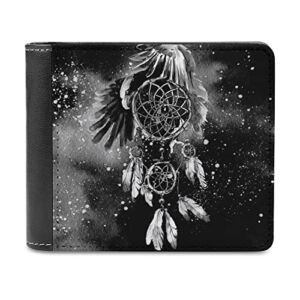 Watercolor Dream Catcher with Eagle In Black White Pattern PU Leather Bifold Wallet Coin Purse Soft Stylish Credit Pass Case Card-Holder for Boy Girl Men Woman Money Storage