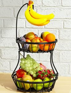 2-Tier Fruit Basket Bowl Stackable Vegetable Storage with Banana Tree Hanger Stand for Kitchen Countertop, Metal Wire Basket for Bread Onions Potatoes Black