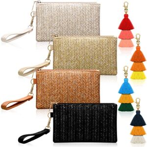 4 Pieces Women Straw Clutch Bag Boho Straw Purse Zipper Wristlet Wallets for Women Straw Beach Bag Straw Handbags for Summer