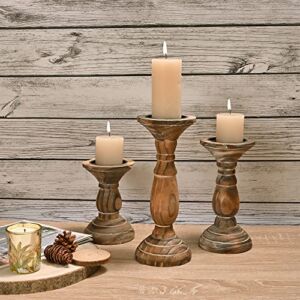 Yorkmills Pillar Candle Holder Set of 3, Farmhouse Decor Living Room Tall Candle Holders for Pillar Candles, Wood Candle Holders for Table Centerpieces Brown Home Decor Kitchen Dining Room Table Decor