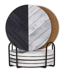 6 Set Black & White Parquet Drink Coasters, Ceramic Coasters for Drinks, Coasters for Coffee Table, Rustic Wood Coasters Farmhouse Coasters w Coaster Holder, Cute Absorbent Cork Coasters for Cups Mugs