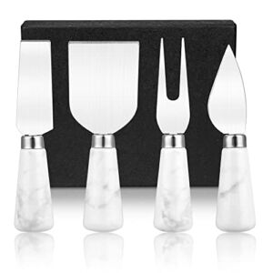 4PCs Stainless Steel Cheese Knife Spreader Set with Ceramic Handle, Cheese Shaver, Butter Spatula Knives, and Fork for Kitchen, Home. Best Gift for Friends, Thanksgiving, Birthday Party (Marble White)
