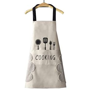 DILLMAN Women Kitchen Apron with Hand Wipe Pockets，Big Pocket,Hand-wiping, Waterproof for Cooking Baking (WHITE)