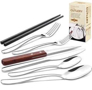 8-Person 56 Piece Silverware Set with Steak Knives and Chopsticks – 18/0 Stainless Steel Flatware Cutlery Set, Gift, Home Kitchen and Restaurant Essentials