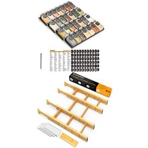 SpaceAid Spice Drawer Organizer with 28 Spice Jars, SpaceAid Bamboo Drawer Dividers with Inserts 4 Dividers with 9 Inserts (17-22 in)