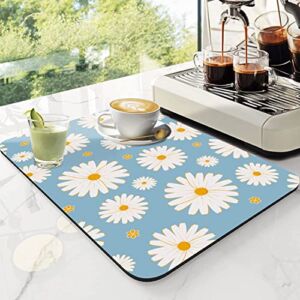 SHIYUE Dish Drying Mats For Kitchen Counter Super Absorbent Coffee Maker Mat For Countertops Dish Mat Drying Kitchen Mats For Dishes( Light Blue Daisy, 18″x12″)