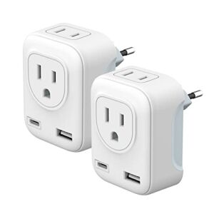2-Pack European Travel Plug Adapter, International Power Adapter with 2 USB Ports,2 US Outlets- 4 in 1 European Plug Adapter for US to Most of Europe EU Spain Italy France Germany(Type C)
