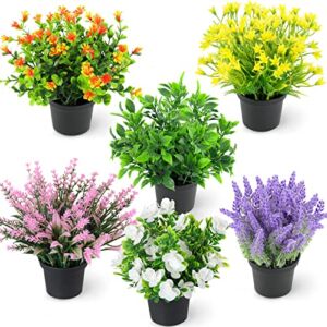 RIDDSEE Artificial Potted Plants-Set of 6 Home Decor Indoor Small Faux Plants Flowers in Black Pot Fake Lavender Plastic Flowers for Office Desk Outdoor Decoration – 7 inch