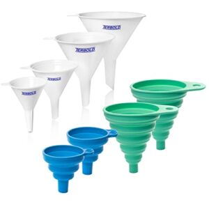 Terbold 4pc Funnel Nesting Set in BPA Free Plastic for Kitchen Cooking, Car Oil, Home, or Lab Use (White) and 4pc Silicone Collapsible Funnel Set Food Grade Dishwasher-Safe
