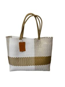 Dallas Hill Woven Super Tote, Handwoven Recycled Plastic Tote, Mexican Woven Bag, Beach Bag, Summer Bag (White & Gold)