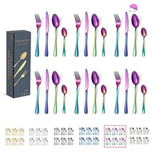 Rainbow Silverware Set, 24 Pieces Stainless Steel Flatware Sets for 6 – Mirror Polished Cutlery Utensil Set, Essentials Eating Tableware Set for Home&Kitchen, New Apartment, Restaurant Dishwasher Safe