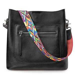 S-ZONE Women Genuine Leather Bucket Bag Shoulder Handbags Crossbody Purse Zipper with 2 Straps Medium