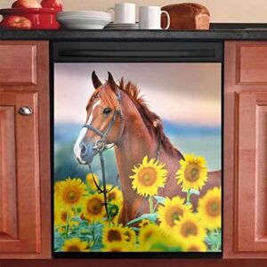 REWER Sunflowers Horse Refrigerator Door Panel Decal,Horse Magnet Refrigerator Cover Sticker,Flower Horse Magnetic Dishwasher Cover,Animal Sticker Home Cabinet Kitchen Decor, 23x26inch( Magnetic )