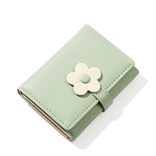 Cute Small Wallet for Girls Women Tri-folded Wallet Cash Pocket flowers PU Leather Print Card Holder Coin Purse with ID Window (2-green) | The Storepaperoomates Retail Market - Fast Affordable Shopping