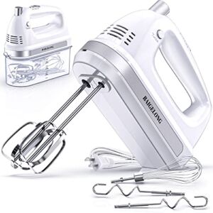 BAIGELONG Hand Electric Mixer, 300W Ultra Power Food Kitchen Mixer with 5 Self-Control Speeds + Turbo Boost, 5 Stainless Steel Attachments Handheld Mixer for Baking, White
