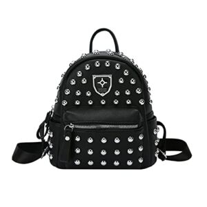 Women Small Backpack Rivets Studded Leather Purse Gothic Daypack Satchel Multipurpose Tote Handbag (Black)