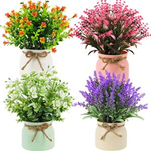 Fake Potted Plants – Set of 4 Artificial Potted Flowers Faux Plants Lavender in Macaron Pot Plastic Flowers Bonsai for Indoor Outdoor Home Kitchen Office Desktop Wedding Decor -(Medium,10.5 inch)