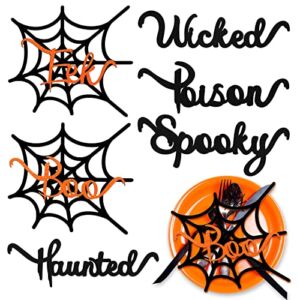 Whaline 12Pcs Halloween Wooden Plate Decor Spiderweb Wood Cutout Cards Sign Wicked Spooky Wards Wood Signs Dining Table Plate Ornament Farmhouse Home Table Setting Decor for Halloween Themed Party