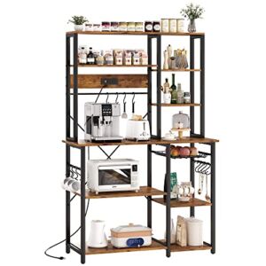 SUPERJARE Large Bakers Rack with Power Outlets, 6-Tier Microwave Stand, Coffee Bar with 12 S-Shaped Hooks, Kitchen Shelf with Wire Basket, 39.3 x 15.5 x 66.9 Inches, Rustic Brown
