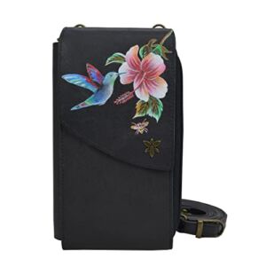 Anuschka Women’s Hand Painted Genuine Vegetable Tanned Leather Crossbody Phone Case – Hummingbird Black