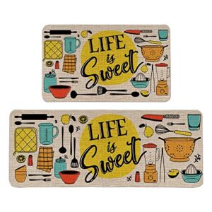 Life is Sweet Kitchen Mats Set of 2, Comfort Standing Mats Non Slip Washable Kitchen Runner Rug Cooking Sets The Decorative Carpet for Home Kitchen Floor Mat – 17×29 and 17×47 Inch
