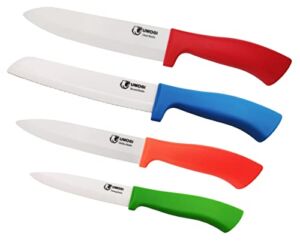 Ceramic Kitchen Knife Set with Covers in Gift Box, Healthy Stain Resistant & Non-Rust, Dishwasher Safe – Colorful Knife Set – 6”Chef Knife, 6”Serrated Bread Knife, 5”Utility & 4”Paring Knife UMOGI