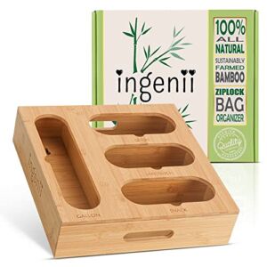 ingenii Ziplock Bag Organizer, Bamboo Organizer, Plastic Bag Organizer for Kitchen, Compatible with Gallon, Quart, Sandwich and Snack Variety Size Bag