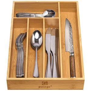 guiogc Kitchen Bamboo Silverware Drawer Organizer，Silverware Organizer and Cutlery Tray with Grooved Drawer Dividers for Silverware, Knives in Kitchen, Bedroom ( 5 Slot-Natural )