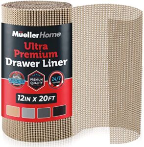 Mueller Ultra-Premium Drawer and Shelf Liner, 12 Inch x 20 FT Heavy-Duty and Slip-Resistant Liner, Durable Non Adhesive Waterproof Roll, for Drawers, Kitchen, Cabinets, Shelves, Desks, Beige