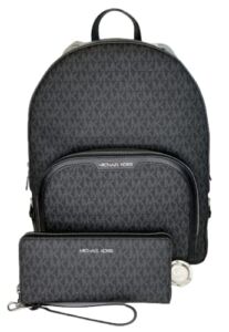 MICHAEL Michael Kors Jaycee Large Zip Pocket Backpack bundled with Large Continental Wallet/Wristlet and Michael Kors Purse Hook (Signature MK Black)