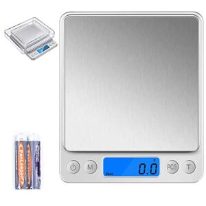 Food Scale, Kitchen Scale, Digital Scale 3000g/0.1g Pocket Jewelry Scale Grams and Ounce Scale for Cooking, Baking, Tare Function, PCS Function, LCD Display, 2 Trays, Battery Included, Silver