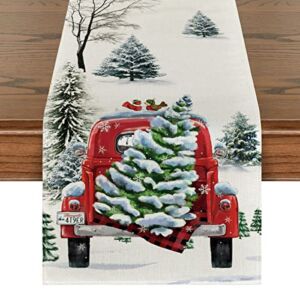 Artoid Mode Waterclor Snow Tree Truck Christmas Table Runner, Seasonal Winter Xmas Holiday Kitchen Dining Table Decoration for Indoor Outdoor Home Party Decor 13 x 90 Inch