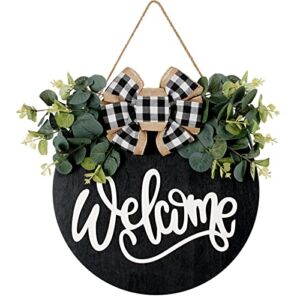 Welcome Sign for Front Door Porch Decor Farmhouse Wreath Wall Decor Φ30cm Round Wooden Hanging Housewarming Home Decor for Home Outdoor Indoor (Black)