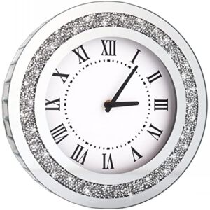 DMDFIRST Silver Round Mirror Clock 12inch Crystal Sparkle Twinkle Bling Crush Diamond Mirrored Wall Clock for Wall Decoration Silver Glass Mirror Home Decor. AA Battery is not Included.