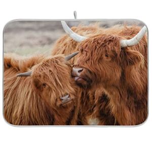 xigua Dish Drying Mat, Scottish Highland Cattle Cows Absorbent Tableware Drying Mat Countertop Decoration for Home Kitchen – 16×18 Inch