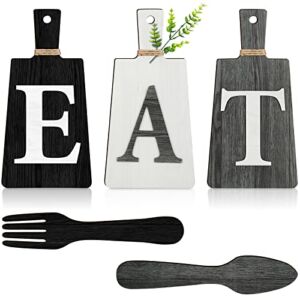 Jetec Cutting Board Eat Sign Set Hanging Art Kitchen Eat Sign Fork and Spoon Wall Decor Rustic Primitive Country Farmhouse Kitchen Decor for Kitchen and Home Decoration (Black, White, Gray)