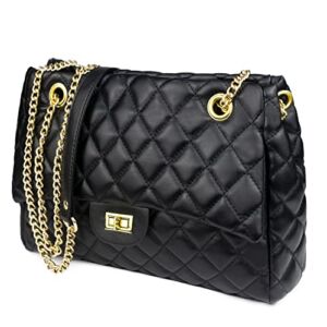 Rejolly Quilted Shoulder Bags for Women PU Leather Ladies Crossbody Handbag Stylish Envelope Purse with Chain Strap (Black)