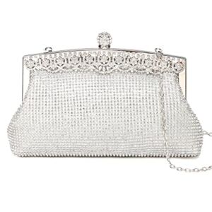 Mogor Women’s Rhinestone Retro Crystal Clutch Bling Glitter Wedding Party Bridal Handbag Elegant Formal Evening Bag(Silver)