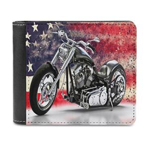 Retro Black Motorcycle with Vintage Old American Flag Background Soft PU Leather Bifold Wallet, Coin Purse Credit Pass Case, Durable Card-Holder Slim Billfold for Men Woman Money Storage