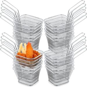 24 Pcs Mini Square Fry Basket Stainless Steel French Fries Holder Deep Fryer Baskets Only Square Mesh Food Basket with Handles Small Serving Basket for Kitchen Restaurant Cafe Barbecue (Sliver)