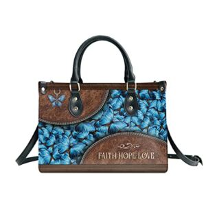 64HYDRO Faith Hope Love Blue Butterfly Women Handbag Shoulder Bag – Travel Work Leather Bag – NNRZ1510015Z