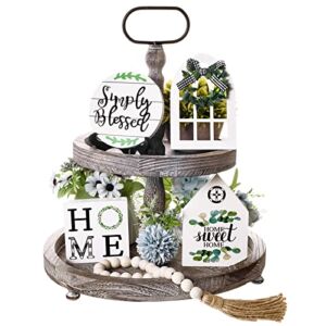 6 Pcs Wooden Farmhouse Tiered Tray Decor Home Sweet Simply Blessed Tray Decor Wooden Beads Garland (Tiered Tray and Artificial Plant Not Included)