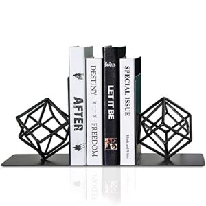 Bookends Decorative Book End Black Metal Heavy Duty Art Bookend Unique Geometric Book Ends Book Stopper to Hold Books Modern Holder Bookshelf Decor, Home, Office or Kitchen Shelves Reader Love Gift